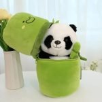 Plush Panda Teddy Bear with Green Bamboo Case, Soft Stuffed Animal Toy, 20 cm, White Black and Green, Gift for Kids Ages 8-20