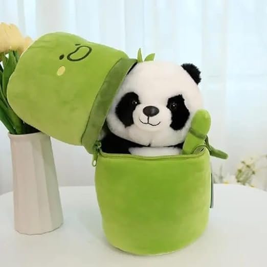 Plush Panda Teddy Bear with Green Bamboo Case, Soft Stuffed Animal Toy, 20 cm, White Black and Green, Gift for Kids Ages 8-20