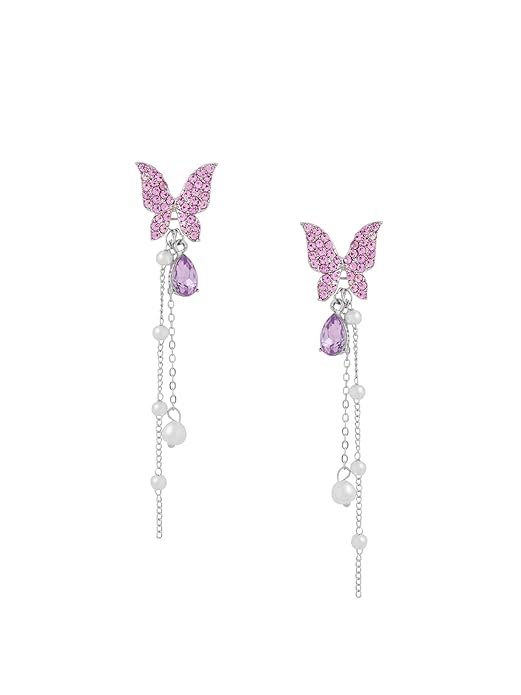 Crystal Danglers Earrings for Women | Purple Earrings for Girls | Fashion Women Earrings | Butterfly Shaped Long Chain Earrings | Birthday Gift