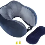 Travel Neck Pillow + Sleeping Eye Mask + Noise Isolating Ear Plugs Combo with a Portable Bag| Extra Comfortable | Super Soft Velvet Fabric I Blue & Grey