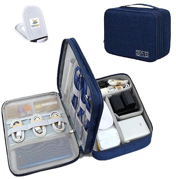 Nylon Double Layer Electronic Gadget Organizer Case, Cable Organizer Bag For Accessories With Mobile Stand - 27 X 20 X 9 Cm - Navy Blue - Model 1