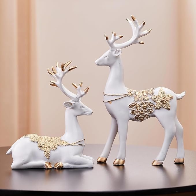 Creative Resin Golden and White Reindeer Sculptures | Beautiful Home Decor Handicraft Resin | Elevates The Energy of Your Room (Pack of 2, White and Golden)