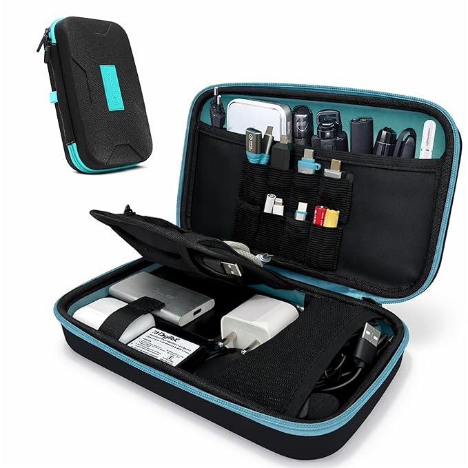 Electronics Organizer Bag with Shockproof EVA Hardshell & Soft Lining, 2 Mesh Pockets, 8 Elastic Loops, 2 Zipper Pockets| Travel Gadget Organizer for HDD/SSD Power Bank Cables Adapters(Black)