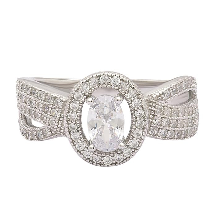 Charming Oval Sterling Silver Rings For Women, Size-7, Halo Setting, 925 Sterling Silver, White Cubic Zircon Stones, Birthday Gift For Women
