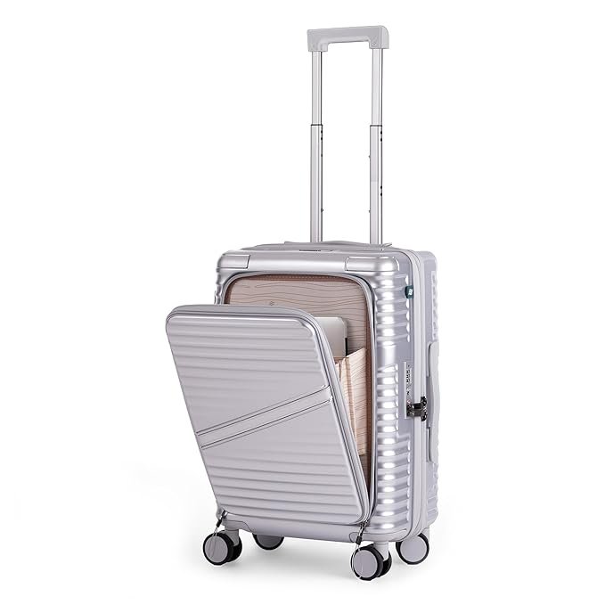 Cabin Suitcase with 8 Spinner Wheels & Quick Access Laptop Compartment, Sleek Polycarbonate Hard Shell Carry On Luggage for Weekend Trips, Silver, 20-Inch