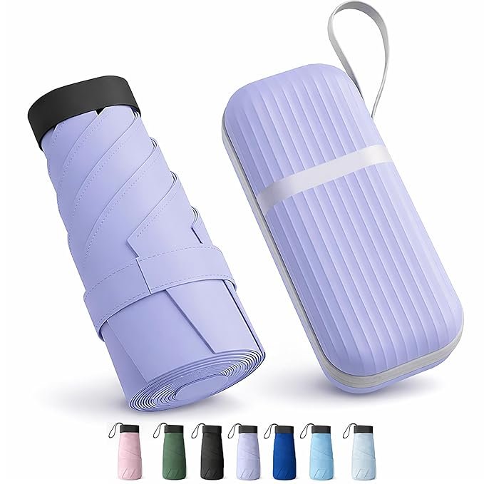 Travel Mini Folding Ultra Compact pastel Umbrella with Case, Manual Open 6 Ribs Lightweight Portable, Small Sun & Rain Pocket Umbrella for Men and Women- Use in Rain & Summer