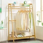 Bamboo Rack Garment Stand with Top and Bottom Shelves Wooden Coat Hanger Multipurpose Clothes Rail with Shoe Organizer (40x98x140 cm) CH-498
