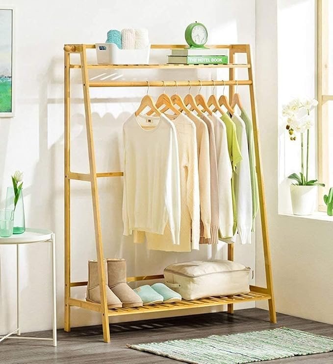 Bamboo Rack Garment Stand with Top and Bottom Shelves Wooden Coat Hanger Multipurpose Clothes Rail with Shoe Organizer (40x98x140 cm) CH-498