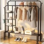 Multipurpose Dual Rod + Wheels Garments Rack with Shelves for Storage & Coat Hanger Home, Storage Organizer 1pc, (150 * 135 * 51cm) (Black_Shelves)