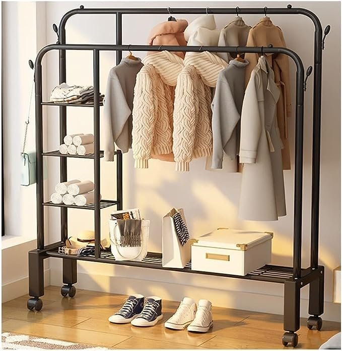 Multipurpose Dual Rod + Wheels Garments Rack with Shelves for Storage & Coat Hanger Home, Storage Organizer 1pc, (150 * 135 * 51cm) (Black_Shelves)