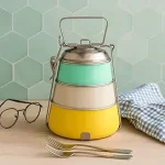 3 Compartment Tiffin Box, Stainless Steel Lunch Box, Pyramid Shape Traditional Indian Lunch Box, (Yellow-Ivory-Aqua)