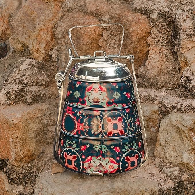 Lunch Box 3 Tier Tiffin Stainless Steel Tantraa Conoid Pyramid Shape Traditional Indian Capacity 1020 Ml (Printed)