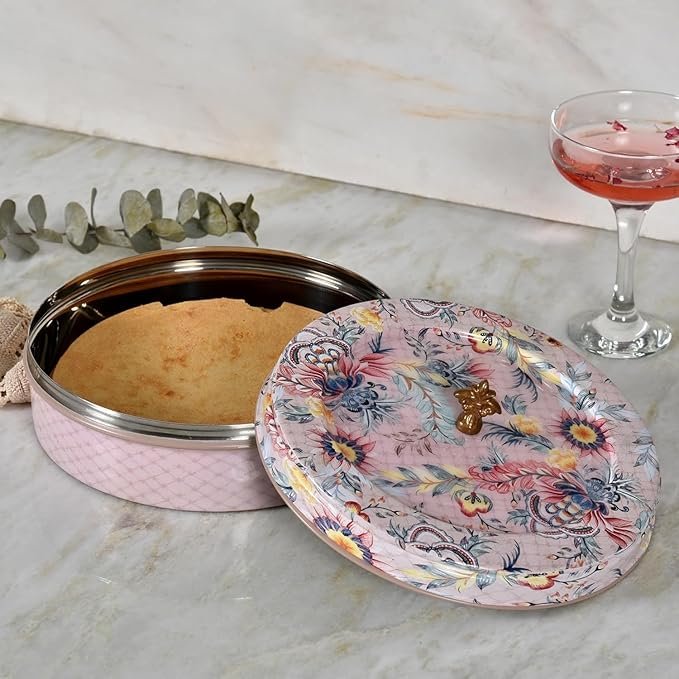Stainless Steel Roti Box Chapati Colorful Design with Lid, Ideal for Serving and Storing Rotis, Papads, Dry Food, and Candies | Eco-Friendly, Lightweight, Durable & Easy to open (Casserole,Nude)