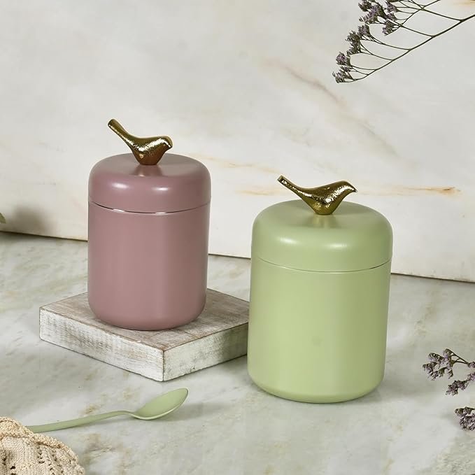 Elan Stainless Steel Canister Jar | Container set for Tea Coffee and Sugar Storage Box Dabba Container 600 ML Each For Home and Kitchen Tight Lid Pantry Organizers (Set of 2, Fern green & Mauve)
