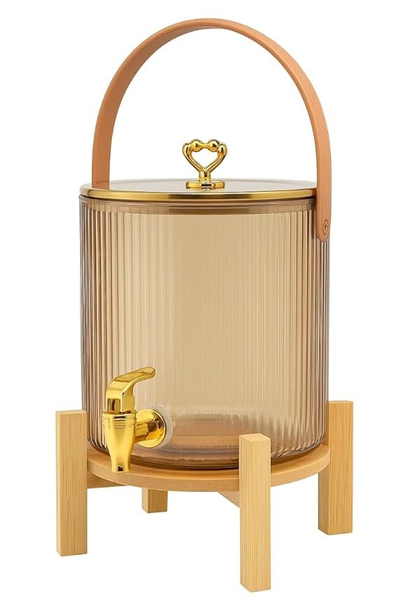 Ribbed Design Bucket Glass Drink Dispenser with Tap, Beverage Jug | Party Drink Dispenser with Wooden Stand | Suitable for Parties, Camping, Beverage Containers (5.5 L)