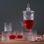 Glass Beverage Dispenser 2L Capacity with Spigot & 6 Matching Glass Tumblers 350ML | Perfect for Serving Drinks at Parties | Gatherings | Jar with Tap | Juice Dispenser | (Crystal-CL)