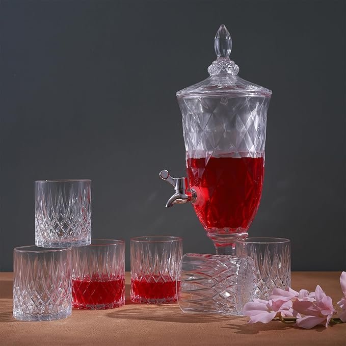 Glass Beverage Dispenser 2L Capacity with Spigot & 6 Matching Glass Tumblers 350ML | Perfect for Serving Drinks at Parties | Gatherings | Jar with Tap | Juice Dispenser | (Crystal-CL)