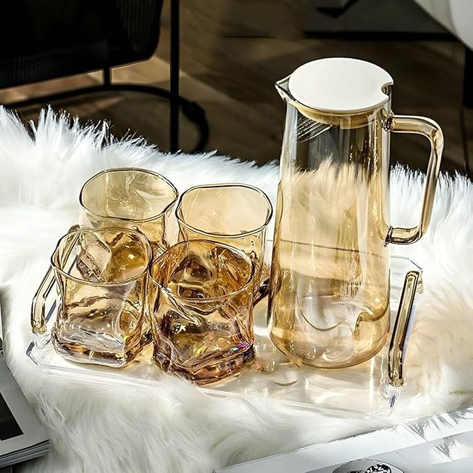 Water and Juice Glasses Set of 6 and Black Jugs Set Combo,(6 Pieces Glasses 300ML and 1 Water Juice Jug 1.6 Liter), Transparent, Glass and Jug Set (Ovel)