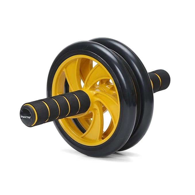 Symactive Home Gym Dual Anti-Skid Wheel Ab Roller/Blaster for Abdominal Core Exercise for Men & Women (6 MM Safe Knee Mat, Foam Handles, Yellow, Max Wt: 150 Kg)