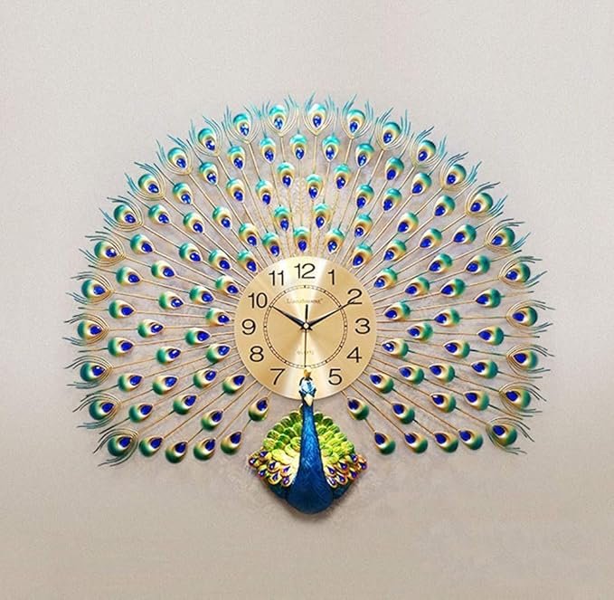 Home Decoration European Peacock Wall Clock Crystal Luxury Living Room Creative Personality Art, Metal, Blue, Birds, 7W x 72H Centimeters,Analog (Peacock)