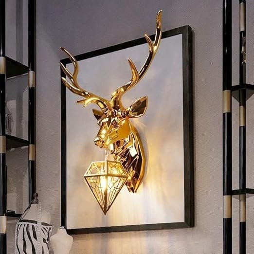 Golden Crystal Deer Antler Head Wall Lamp with Large Animal-Themed Head Wall Lights for Living Room, Bedroom, and Bedside (Facet Deer)