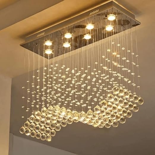 Rectangular Raindrop Wave Crystal Chandelier Lights for Ceiling, Decorative Hanging Lights for Living Room, LED Ceiling Lights (Mirror Gold Finish, Medium (75 * 25 * 70cm)