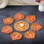 Golden Pink MDF Wooden Cut Out Lotus Flower Rangoli Showpieces Tea Light Candle Holders for Diwali, Navratri Festival, Pooja, Home Decoration | Diwali Decoration Items for Home Decor