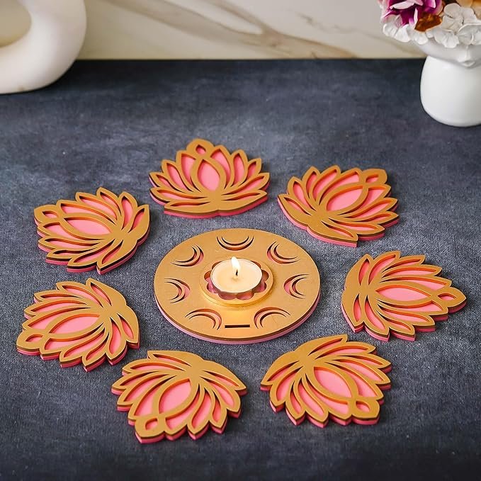 Golden Pink MDF Wooden Cut Out Lotus Flower Rangoli Showpieces Tea Light Candle Holders for Diwali, Navratri Festival, Pooja, Home Decoration | Diwali Decoration Items for Home Decor