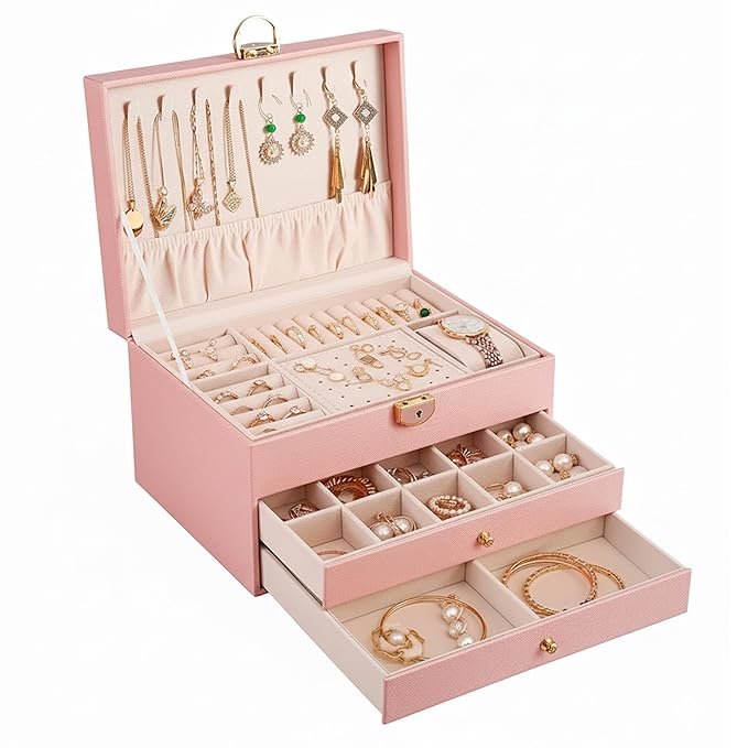 Jewellery Box - 3 Layer jwell organizer storage box, Portable Travel-Friendly Storage. Elegant Storage Case for Rings, Earrings, Necklaces & Bracelets, Pink