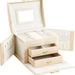 Leather Small 3 Layer Jewelry Box Organizer with Mirror Lock Drawer Ring Earring Jewelry Storage box(1Pc, Only Peach Color,17.5x13.5x12.5cm)