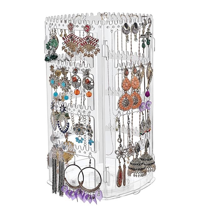 Rotating Earrings Stand Jewelry Display Organiser With 212 Holes 232 Grooves For Hanging Studs Necklaces Bracelets Chains - White, Acrylic