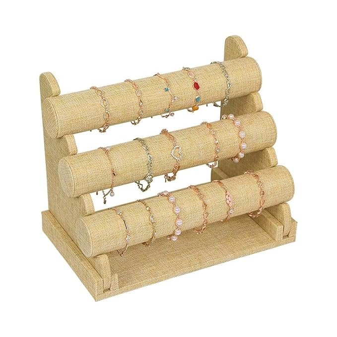 3-Tier Bracelet Organizer Linen Jewelry Wristwatch Holder Desk Display Stand for Watch, Bangle, Bracelet, Retro Showcase Rack Boutique Shop Wrist Pieces Display Holder