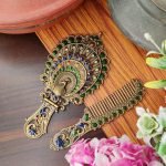Metal Mirror and Comb Set, Peacock Mirror, Tabletop Mount, Framed, Oval, Multicolour