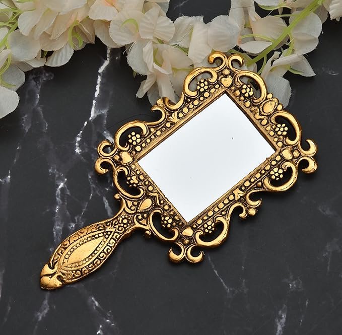 Craft Rajasthani Rectangular Tabletop Mount Mirror with Handle Oxide Metal Handheld Compact Vintage Mirror for Personal Makeup Vanity Portable Travel Skin (Pack of 1)