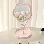 Flower Shaped Makeup Mirror Rotatable Makeup Mirror with Tray Table Vanity Mirror Cute Flower Shaped Mirror for Tabletop Bedroom Bathroom Living Room (Multicolour)