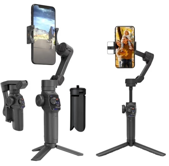 3 Axis Smartphone Gimbal with Wide Angle and AI Face Tracker - Telescopic Rods & External Microphone Support - Lightweight and Compatible with Smartphones