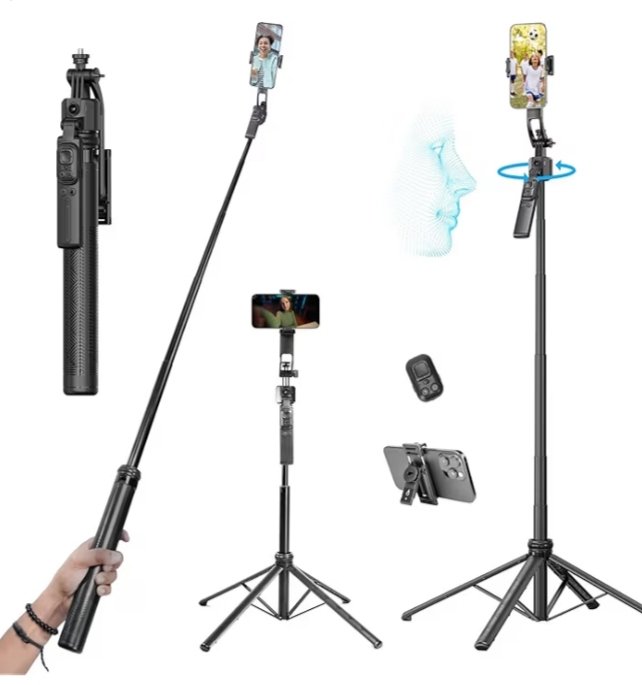 AI-Powered 360° Auto Face Tracking Selfie Stick Tripod | 63-inch/160 cm Long Aluminium Extension Stand for Mobile & Camera | Quad-Leg Stability, Auto Rotation for Vlogging & Shooting