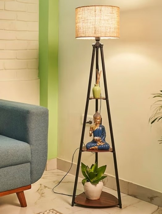 Crosscut Furniture LED Tripod Floor Lamp with 3 Shelves, Brown Jute, Metal Corner Floor Lamp, for Decoration and Gifting