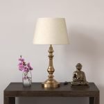 Incandescant, CFL, Smart Bulbs Table Lamp Brass Antique Gold Finish With Off White 12 Inches Lampshade For Bedside, Bedroom, Living Room, Home Decoration, Hotel Pack Of 1