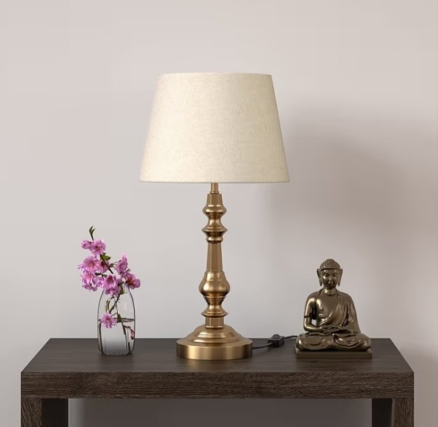 Incandescant, CFL, Smart Bulbs Table Lamp Brass Antique Gold Finish With Off White 12 Inches Lampshade For Bedside, Bedroom, Living Room, Home Decoration, Hotel Pack Of 1