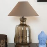 Glass and Wood Table Lamp with Beige Cotton Shade | Modern Designer Bedside & Living Room Decorative Table Light (Bulb Included)