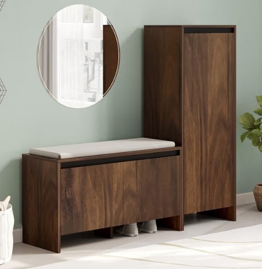 Multipurpose Wooden Shoe Rack with Cushioned Seating & Tall Storage Cabinet Organiser, Slipper Footwear Stand for Living Room Home, 20 Pairs DIY (Brown Maple) (Mavis Multipurpose Combo)