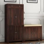 Shoe Cabinet with Seating | Solid Wood Shoe Rack for Home | Big Shoe Rack with Door | Storage Cabinet for Living Room (Walnut Finish)