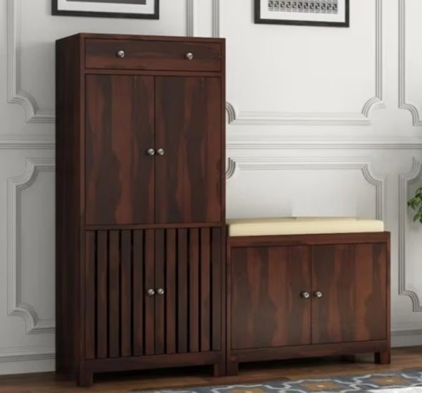 Shoe Cabinet with Seating | Solid Wood Shoe Rack for Home | Big Shoe Rack with Door | Storage Cabinet for Living Room (Walnut Finish)