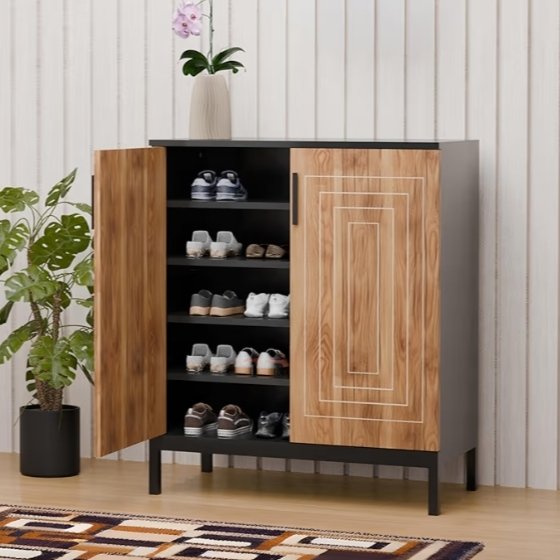 Shoe Rack Wooden with Door | Shoe Racks Organizer for Entryway, Hallway & Bedroom | with Lock (16 Pair Cabinet) (Black) (with Installation)