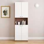 Vault Tall Wooden Bookshelf with 2-Door Cabinet & 3 Open Shelves | Bookcase for Living Room, Bedroom & Office | Modern Storage Organizer Rack, 161 x 50 x 32 cm (Exotic Teak & White)