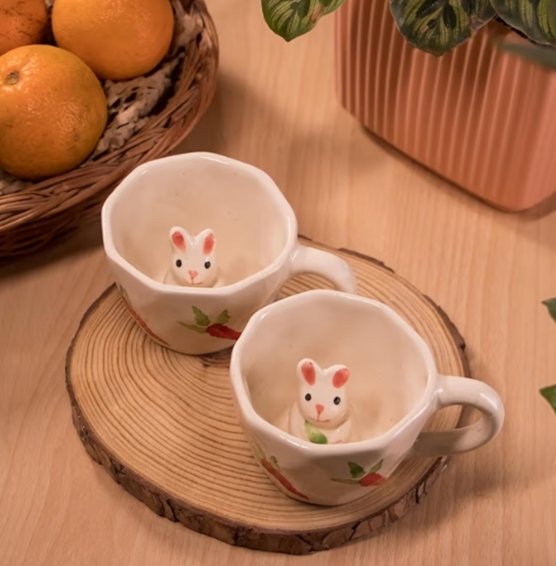 Ceramic Rabbit Coffee Cup Set of 2-Cute Animal Themed Mug with Hidden Surprise Inside Perfect for Coffee Lovers and Gifting-Unique Pottery Design for Home and Kitchen