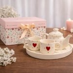 Tea Cup Set with Kettle & Serving Tray in Gift Box | Pure Love Red Heart Pattern| 2 Cups (150ml), 1 Kettle(450ml), 1 Tray (4 Piece Set)