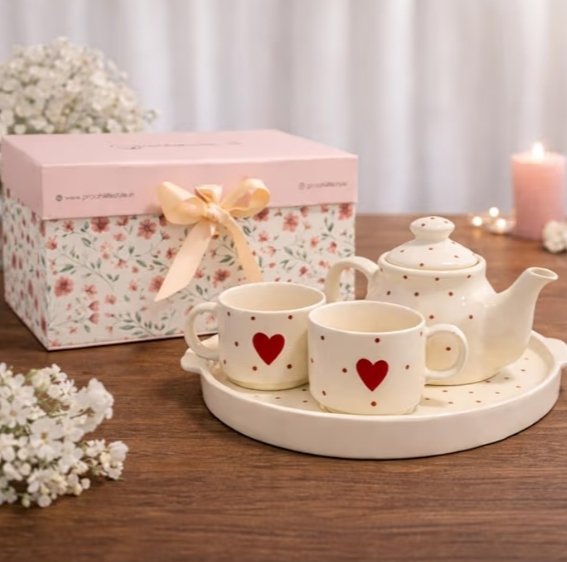Tea Cup Set with Kettle & Serving Tray in Gift Box | Pure Love Red Heart Pattern| 2 Cups (150ml), 1 Kettle(450ml), 1 Tray (4 Piece Set)