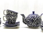 Blue Printed 7 Piece Floral Tea Set No Strainer, for Serving Herbal Tea, Coffee, Green Tea, or Milk (Blue)